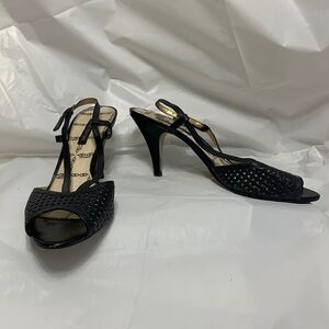 JONES New York Black Leather Open Toe Woven Heel Strapped Heel Size 8.5M